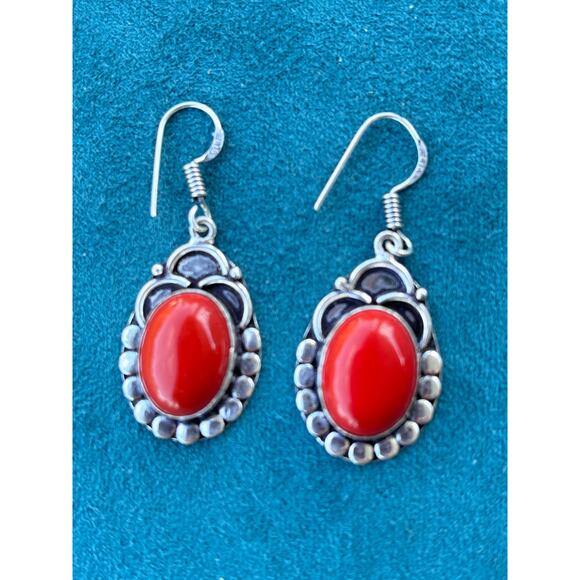 925 Sterling Red Coral Necklace & Earring Set 20" - Picture 4 of 6